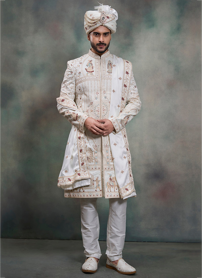 Off White Heavy Silk Heavy Embroidery Work Wedding Wear Readymade Groom Sherwani SW444817