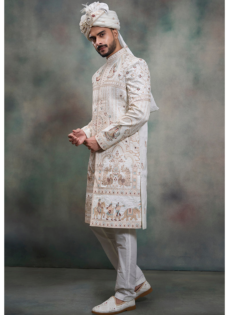 Off White Heavy Silk Heavy Embroidery Work Wedding Wear Readymade Groom Sherwani SW444817