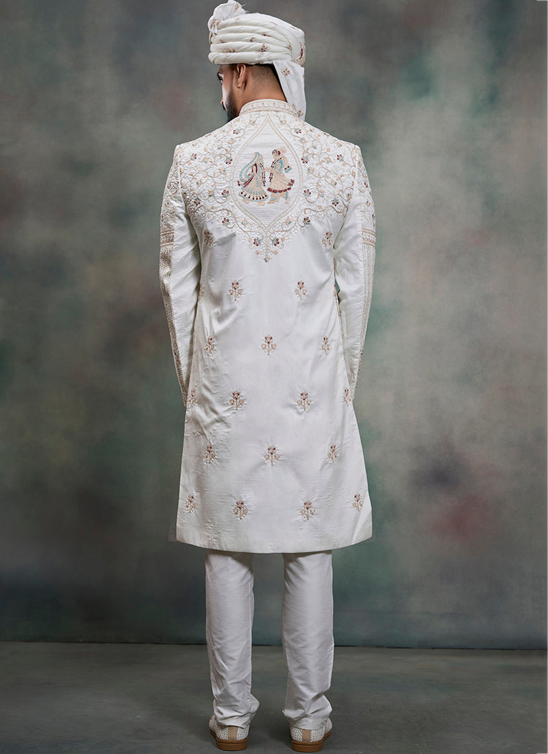 Off White Heavy Silk Heavy Embroidery Work Wedding Wear Readymade Groom Sherwani SW444817