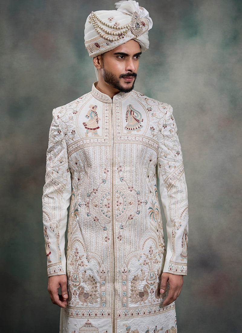 Off White Heavy Silk Heavy Embroidery Work Wedding Wear Readymade Groom Sherwani SW444817