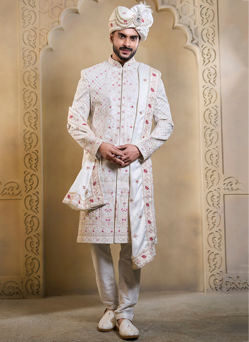 Off White Heavy Silk Heavy Embroidery Work Wedding Wear Readymade Groom Sherwani SW172934