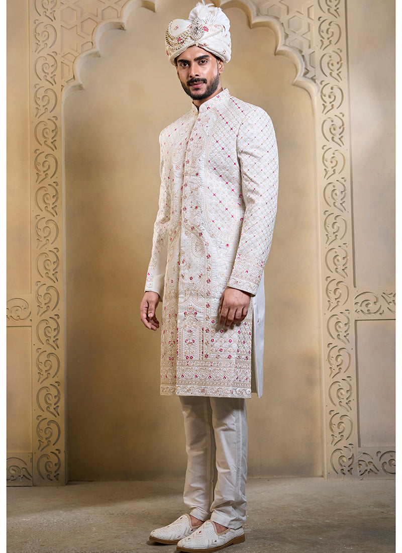 Off White Heavy Silk Heavy Embroidery Work Wedding Wear Readymade Groom Sherwani SW172934