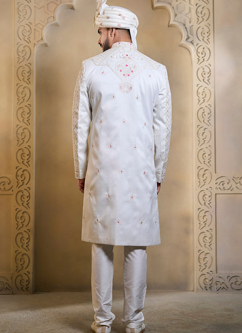 Off White Heavy Silk Heavy Embroidery Work Wedding Wear Readymade Groom Sherwani SW172934