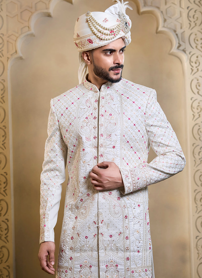 Off White Heavy Silk Heavy Embroidery Work Wedding Wear Readymade Groom Sherwani SW172934