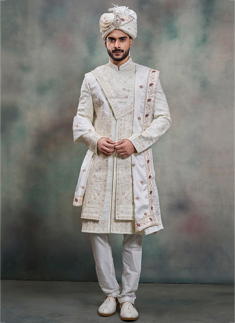 Off White Heavy Silk Heavy Embroidery Work Wedding Wear Readymade Groom Sherwani SW619849