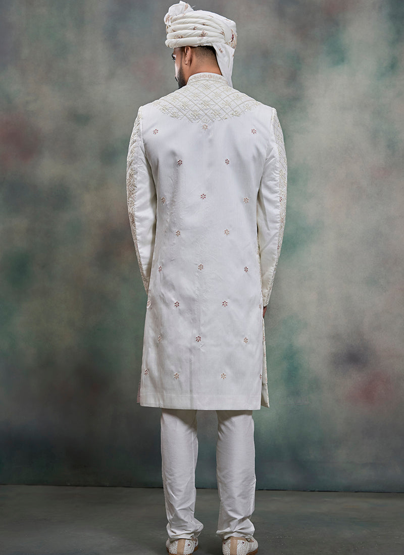 Off White Heavy Silk Heavy Embroidery Work Wedding Wear Readymade Groom Sherwani SW619849