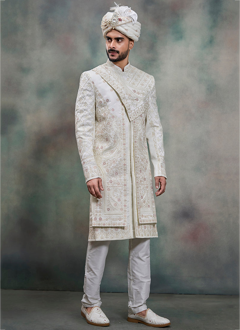 Off White Heavy Silk Heavy Embroidery Work Wedding Wear Readymade Groom Sherwani SW619849