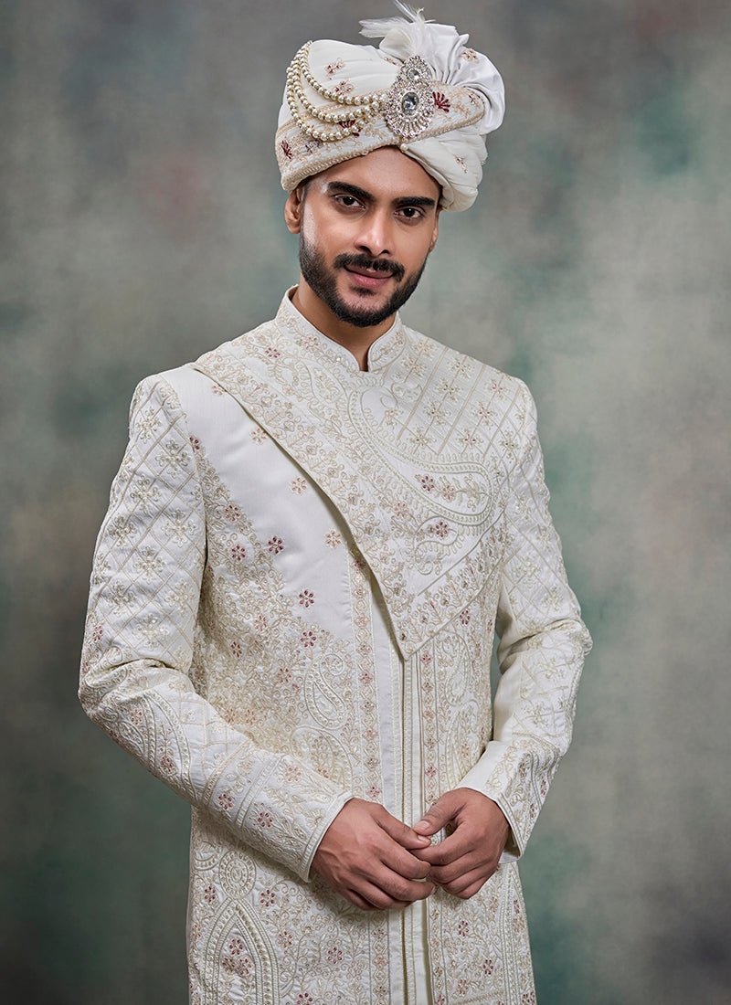 Off White Heavy Silk Heavy Embroidery Work Wedding Wear Readymade Groom Sherwani SW619849