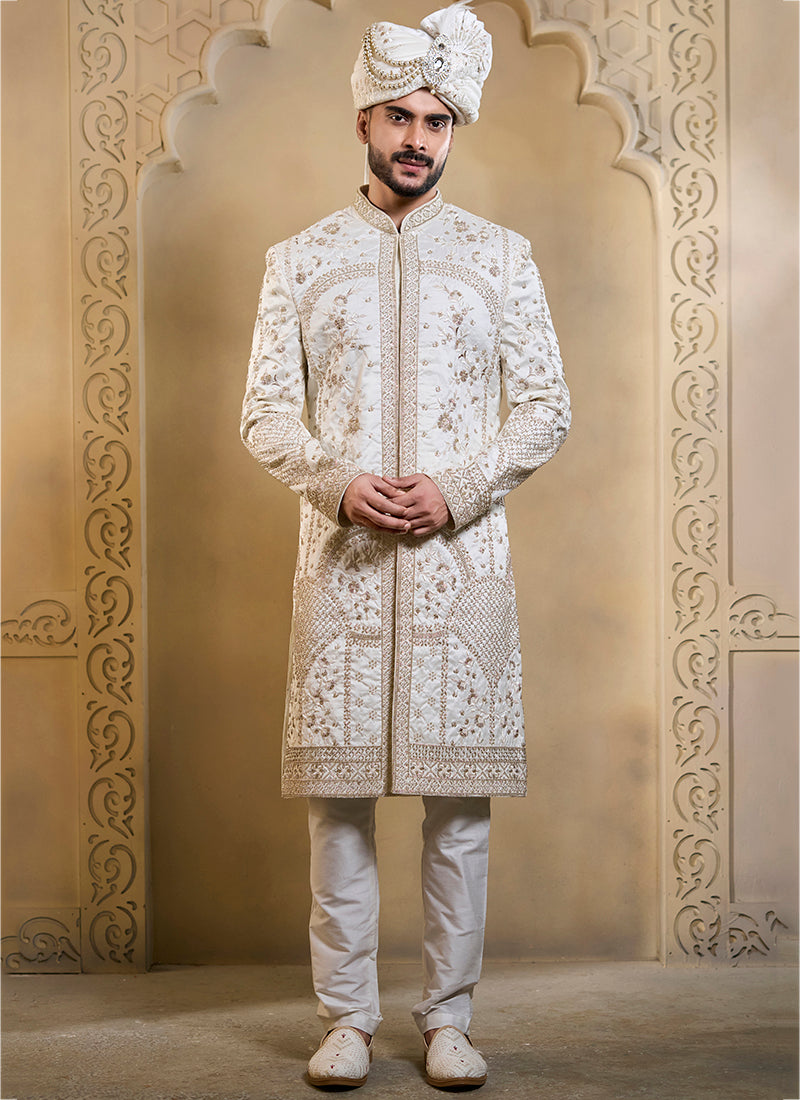 Off White Heavy Silk Heavy Embroidery Work Wedding Wear Readymade Groom Sherwani SW766496