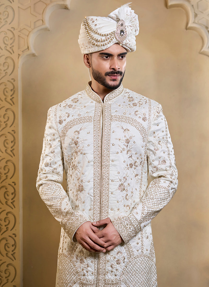 Off White Heavy Silk Heavy Embroidery Work Wedding Wear Readymade Groom Sherwani SW766496