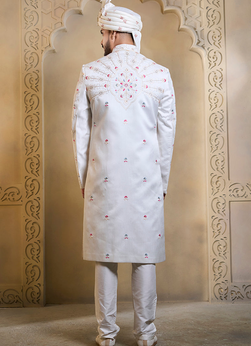 Off White Heavy Silk Heavy Embroidery Work Wedding Wear Readymade Groom Sherwani SW686871