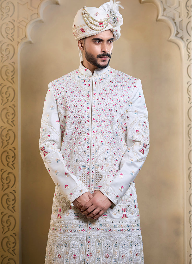 Off White Heavy Silk Heavy Embroidery Work Wedding Wear Readymade Groom Sherwani SW686871