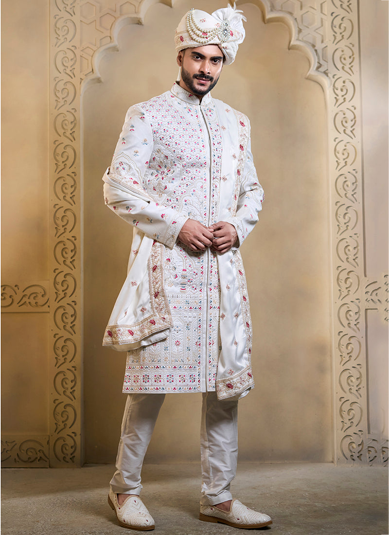 Off White Heavy Silk Heavy Embroidery Work Wedding Wear Readymade Groom Sherwani SW686871