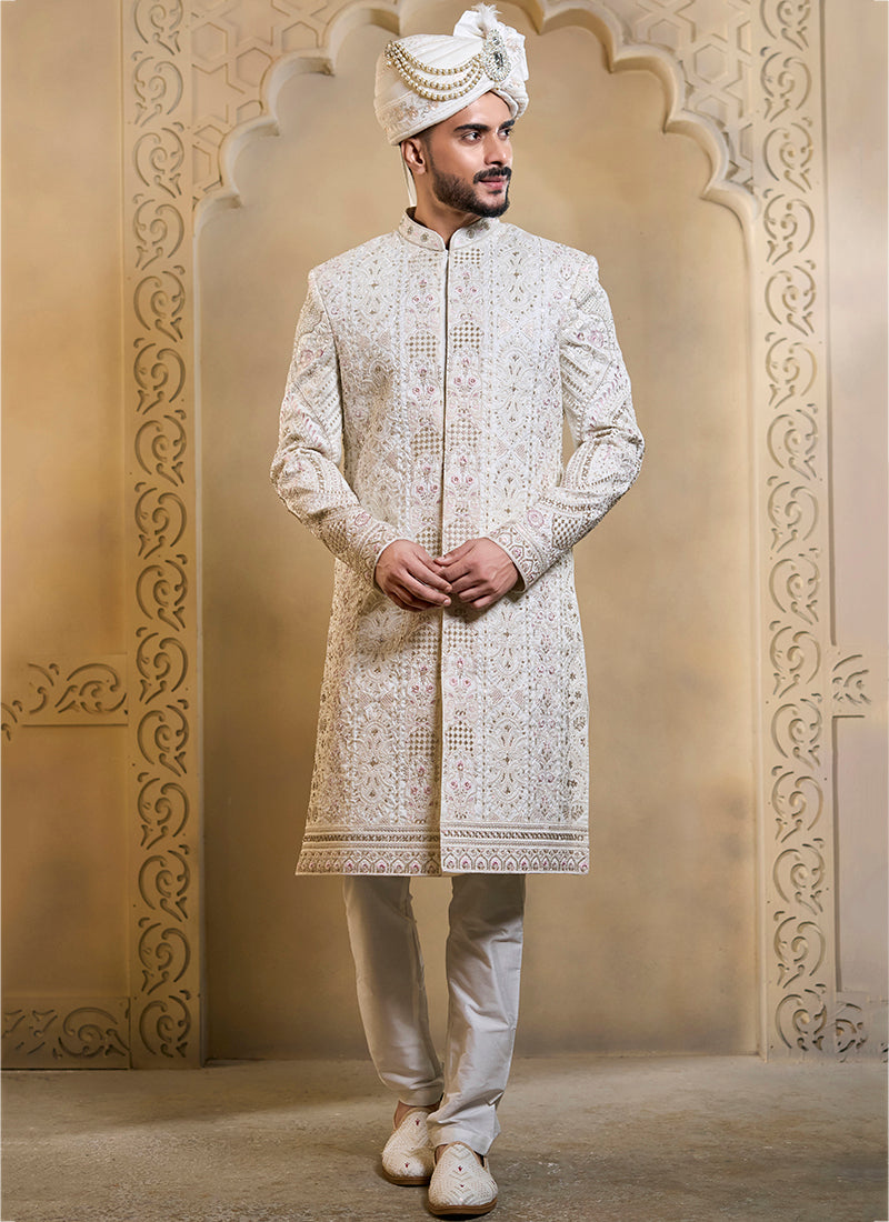 Off White Heavy Silk Heavy Embroidery Work Wedding Wear Readymade Groom Sherwani SW536971