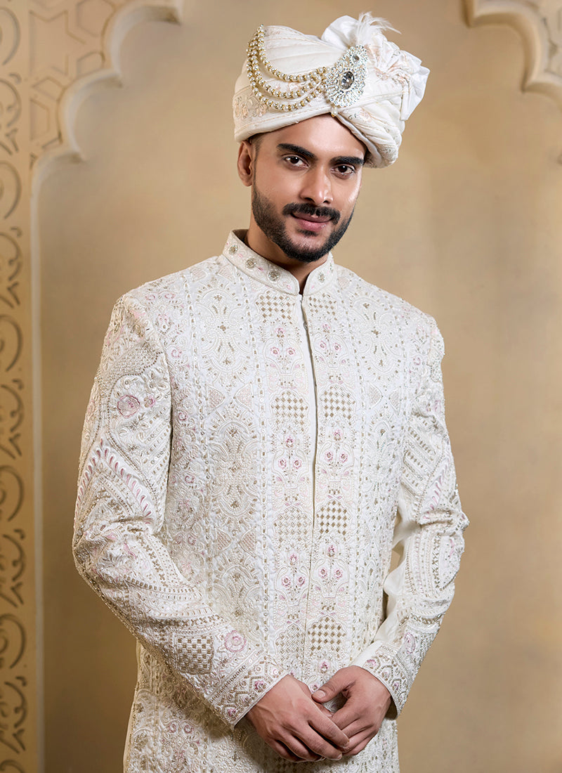 Off White Heavy Silk Heavy Embroidery Work Wedding Wear Readymade Groom Sherwani SW536971