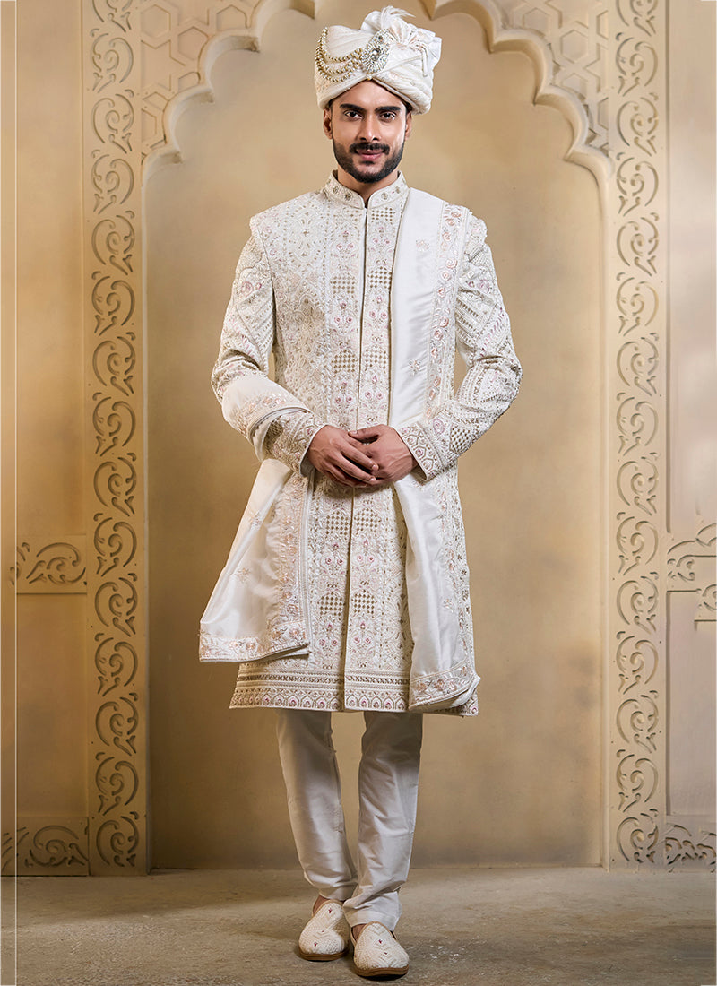 Off White Heavy Silk Heavy Embroidery Work Wedding Wear Readymade Groom Sherwani SW536971