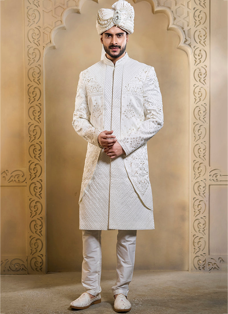 Off White Heavy Silk Heavy Embroidery Work Wedding Wear Readymade Groom Sherwani SW609266