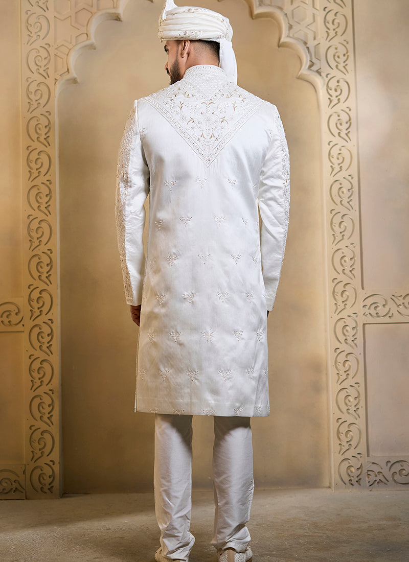 Off White Heavy Silk Heavy Embroidery Work Wedding Wear Readymade Groom Sherwani SW609266