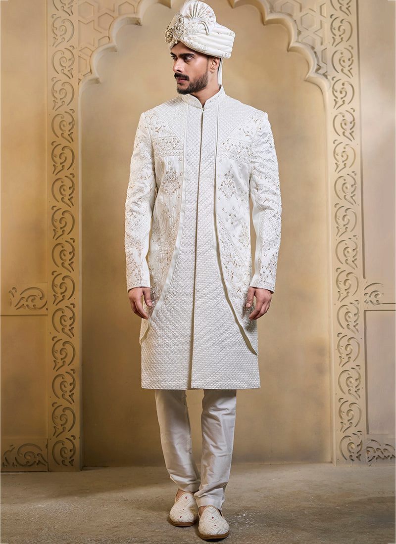 Off White Heavy Silk Heavy Embroidery Work Wedding Wear Readymade Groom Sherwani SW609266