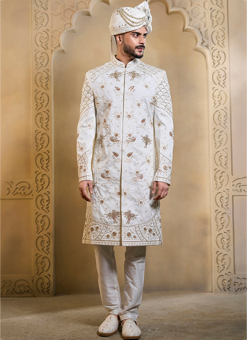 Off White Heavy Silk Heavy Embroidery Work Wedding Wear Readymade Groom Sherwani SW411749