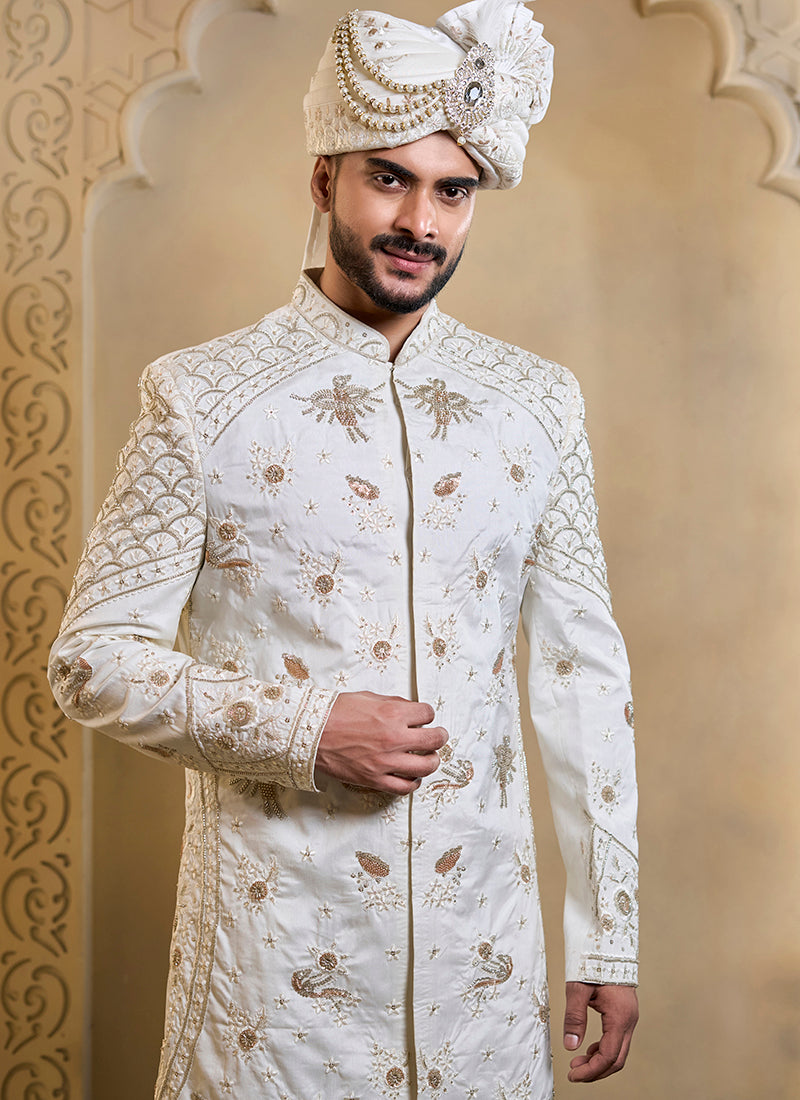 Off White Heavy Silk Heavy Embroidery Work Wedding Wear Readymade Groom Sherwani SW411749