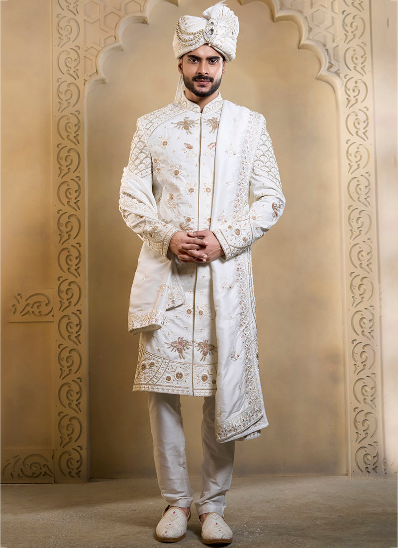 Off White Heavy Silk Heavy Embroidery Work Wedding Wear Readymade Groom Sherwani SW411749
