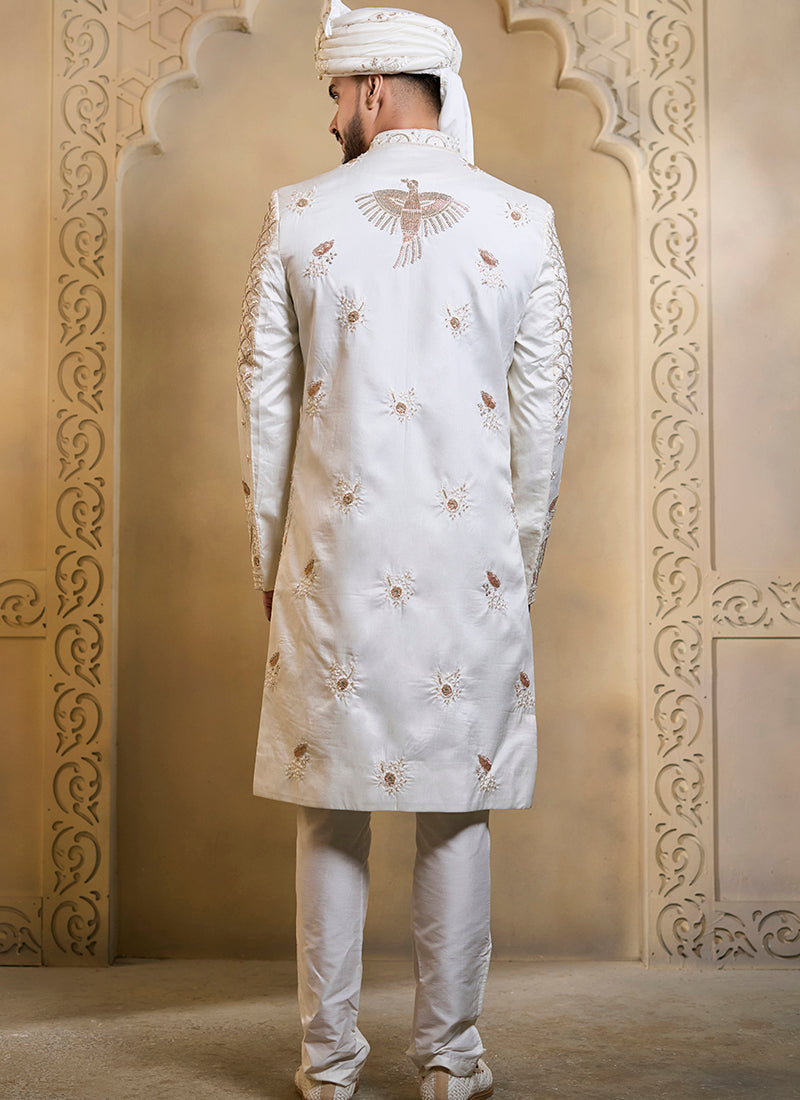 Off White Heavy Silk Heavy Embroidery Work Wedding Wear Readymade Groom Sherwani SW411749