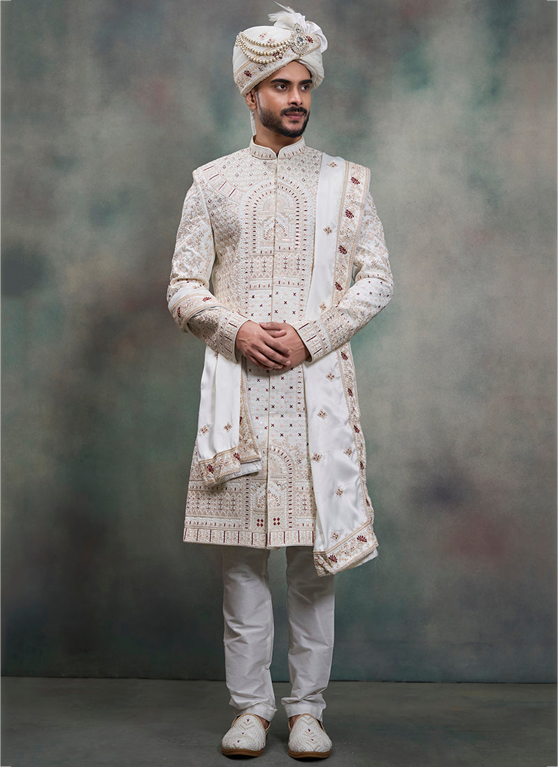 Off White Heavy Silk Heavy Embroidery Work Wedding Wear Readymade Groom Sherwani SW135383