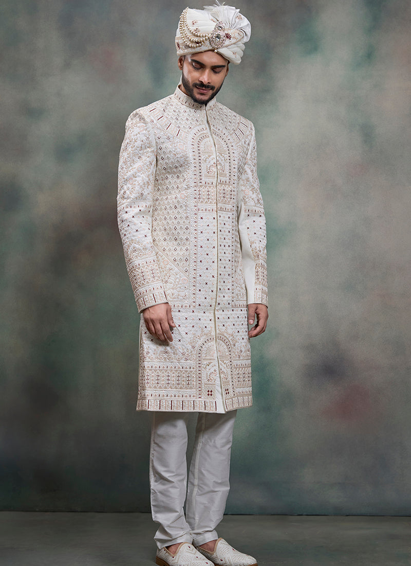 Off White Heavy Silk Heavy Embroidery Work Wedding Wear Readymade Groom Sherwani SW135383