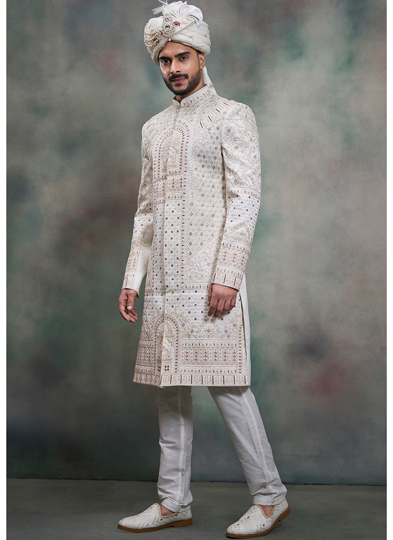 Off White Heavy Silk Heavy Embroidery Work Wedding Wear Readymade Groom Sherwani SW135383