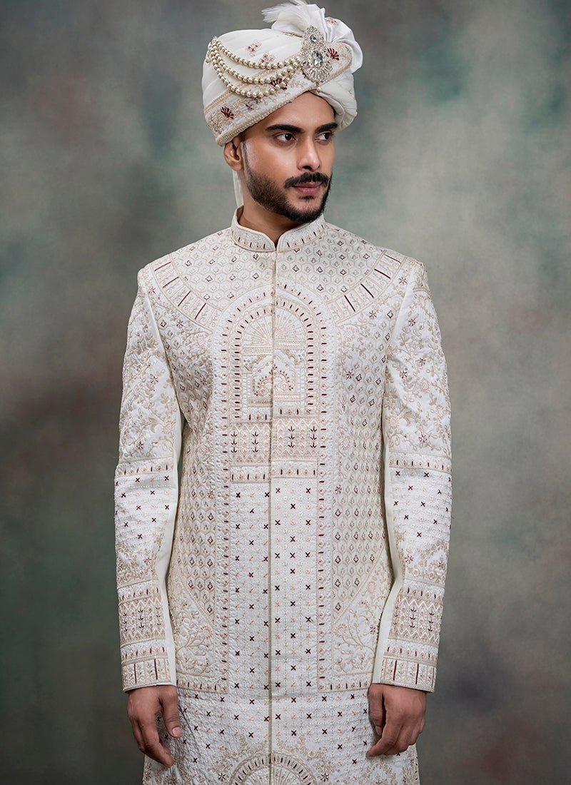 Off White Heavy Silk Heavy Embroidery Work Wedding Wear Readymade Groom Sherwani SW135383