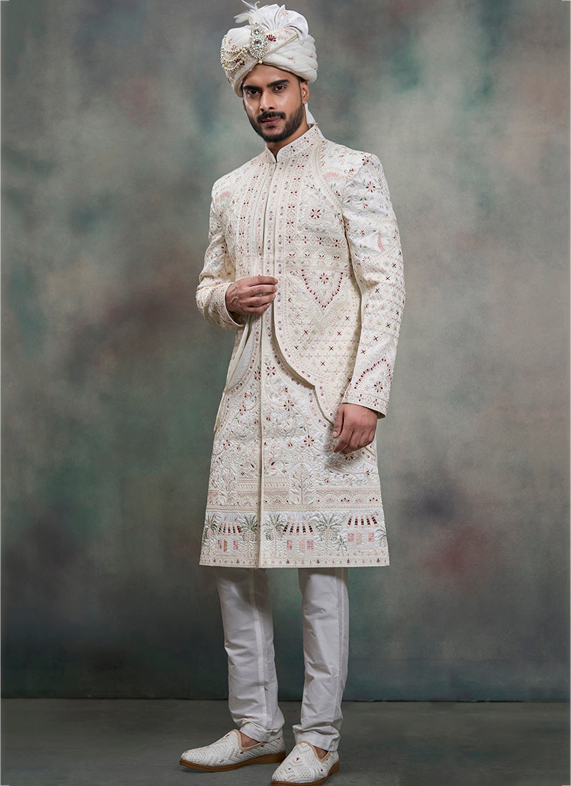 Off White Heavy Silk Heavy Embroidery Work Wedding Wear Readymade Groom Sherwani SW440447