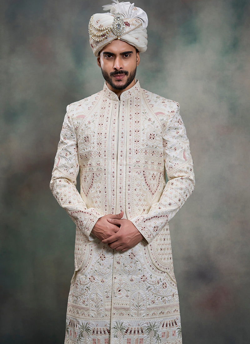 Off White Heavy Silk Heavy Embroidery Work Wedding Wear Readymade Groom Sherwani SW440447