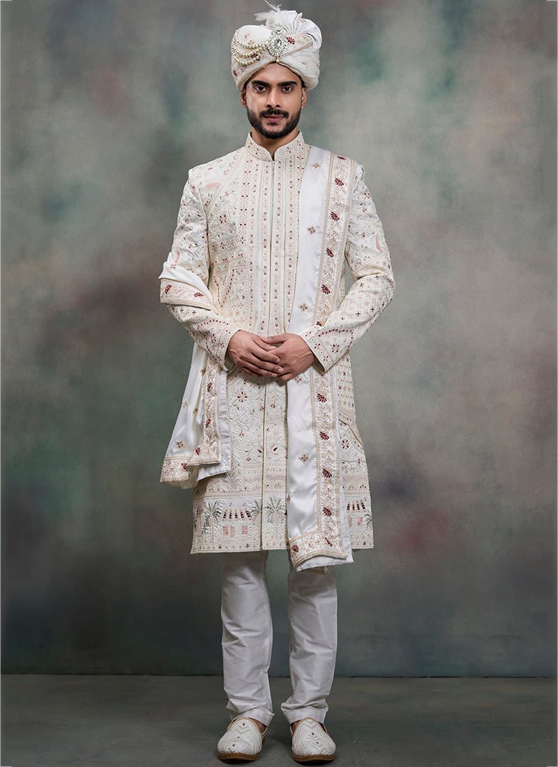 Off White Heavy Silk Heavy Embroidery Work Wedding Wear Readymade Groom Sherwani SW440447