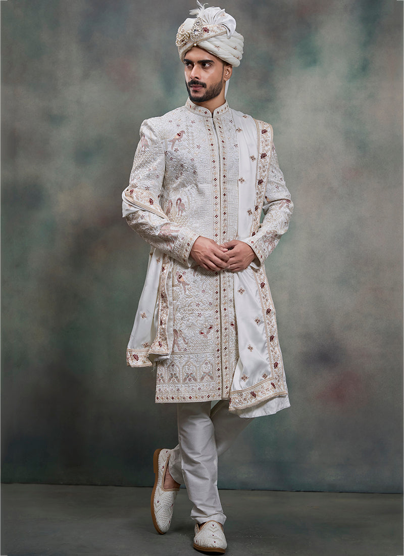 Off White Heavy Silk Heavy Embroidery Work Wedding Wear Readymade Groom Sherwani SW447383