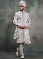 Off White Heavy Silk Heavy Embroidery Work Wedding Wear Readymade Groom Sherwani SW447383