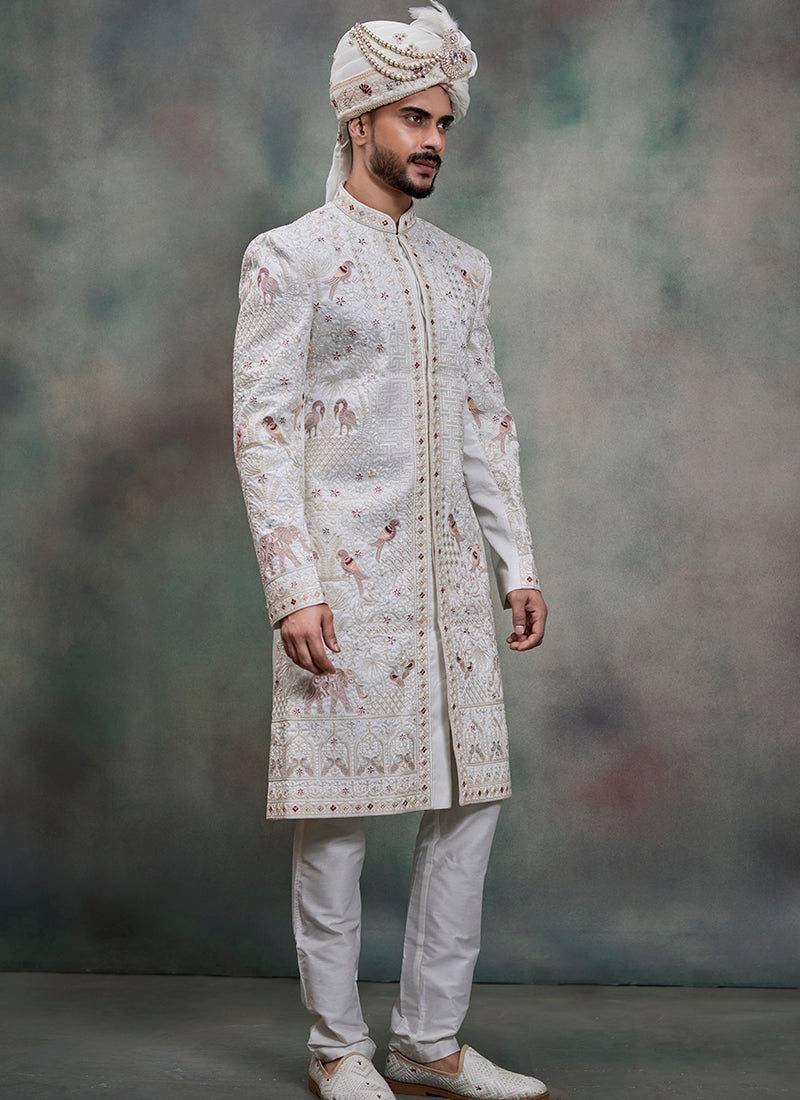 Off White Heavy Silk Heavy Embroidery Work Wedding Wear Readymade Groom Sherwani SW447383
