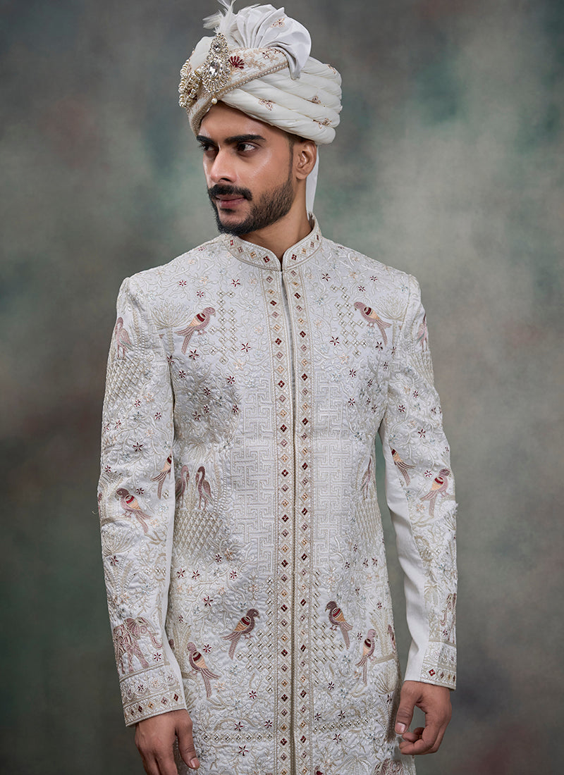 Off White Heavy Silk Heavy Embroidery Work Wedding Wear Readymade Groom Sherwani SW447383