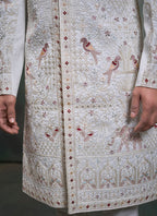 Off White Heavy Silk Heavy Embroidery Work Wedding Wear Readymade Groom Sherwani SW447383