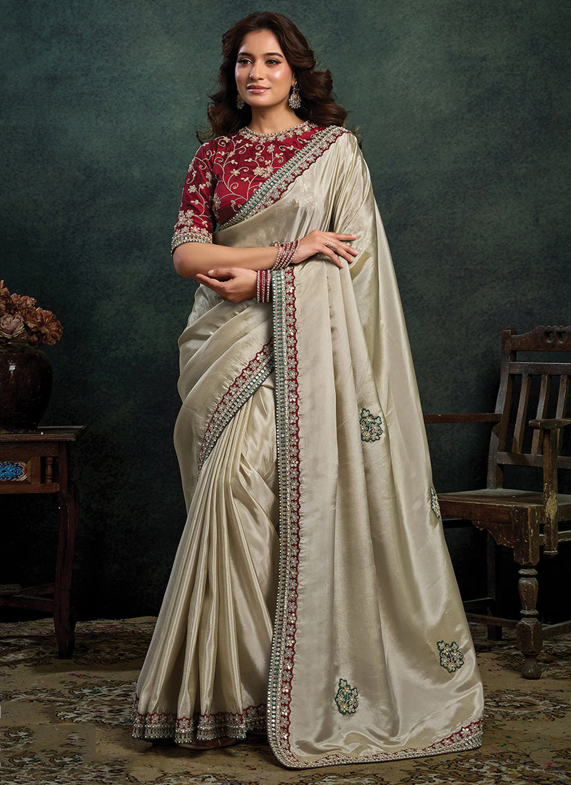 Silk Off White Party Wear Sequins Embroidery Work Parties Saree 389025