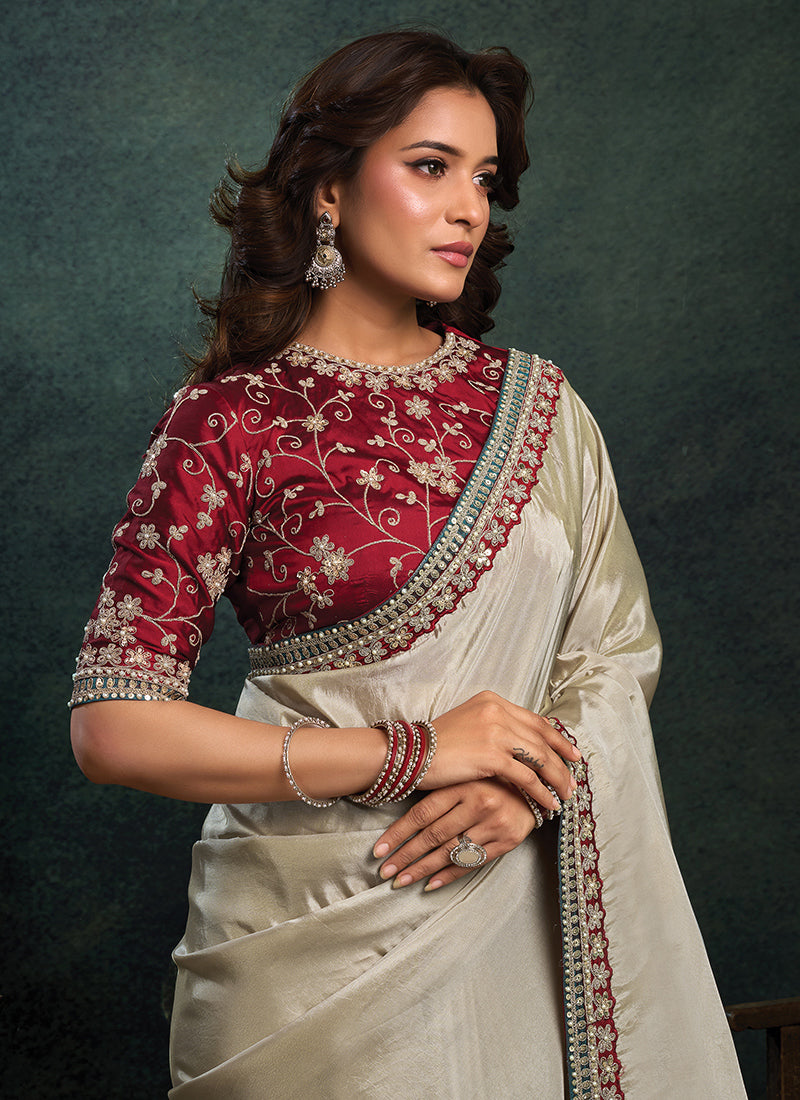 Silk Off White Party Wear Sequins Embroidery Work Parties Saree 389025