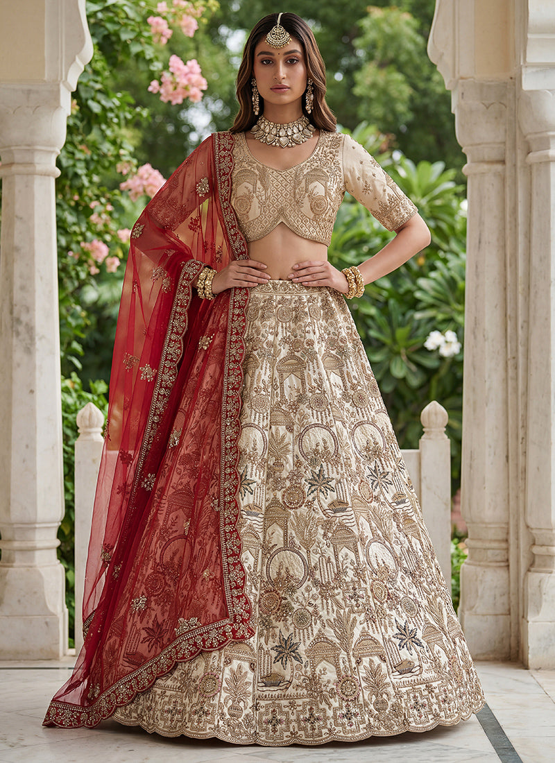 Off White Silk Embroidery Work Wedding Wear Lehenga Choli SW130188