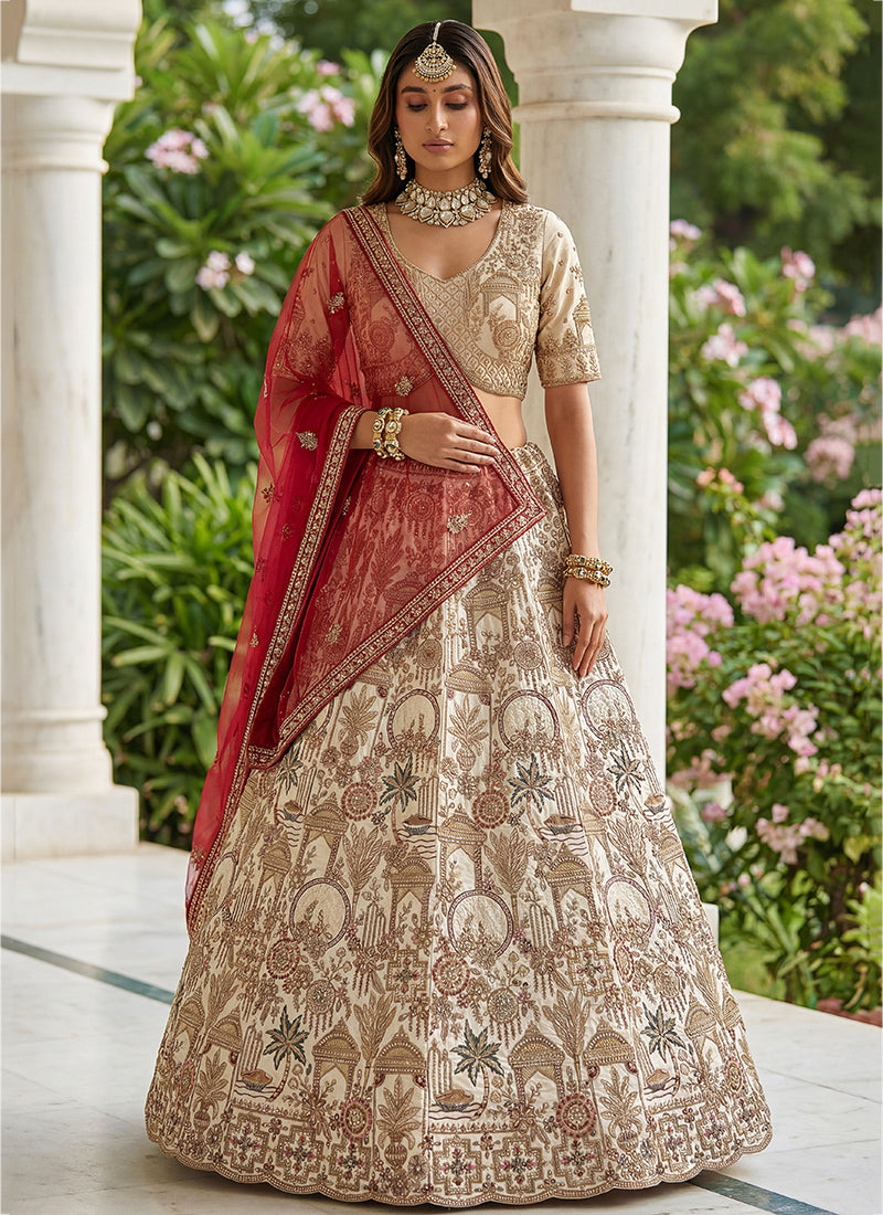 Off White Silk Embroidery Work Wedding Wear Lehenga Choli SW130188