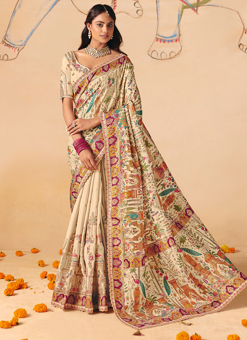 Off White Silk Sequins Work  Wedding Wear Saree SW426507