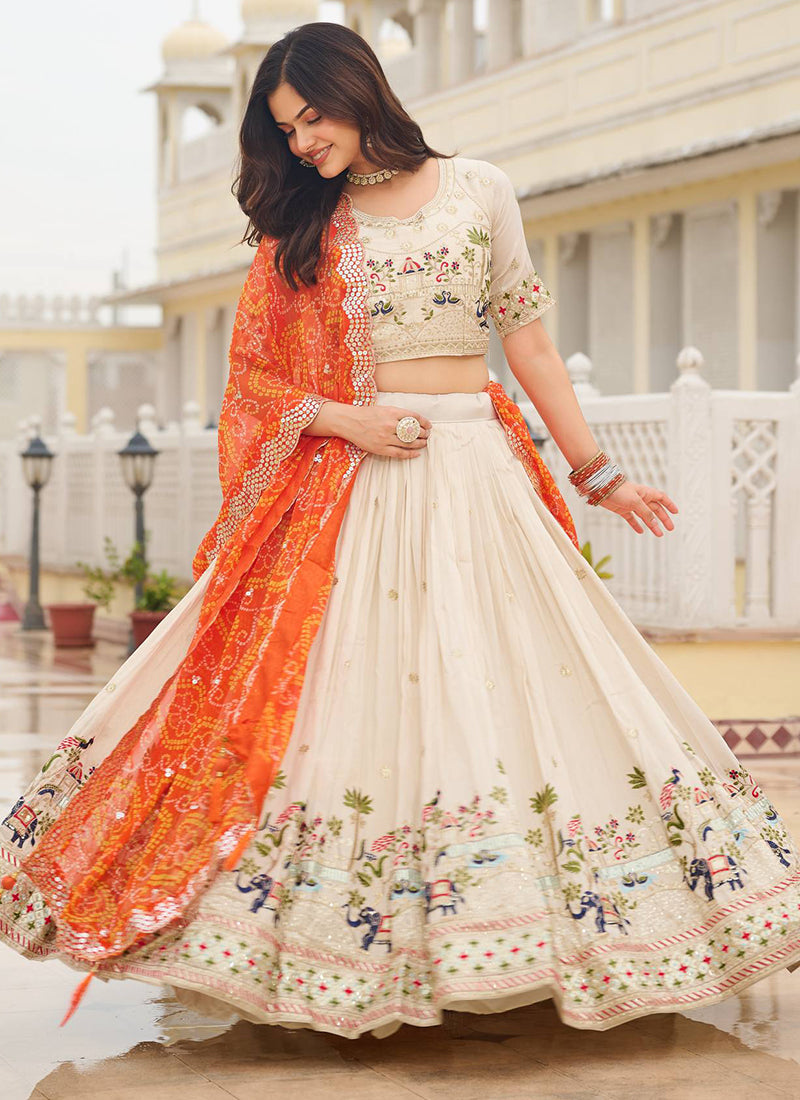 Tissue Silk Off White Festival Wear Embroidery Work Readymade Lehenga Choli