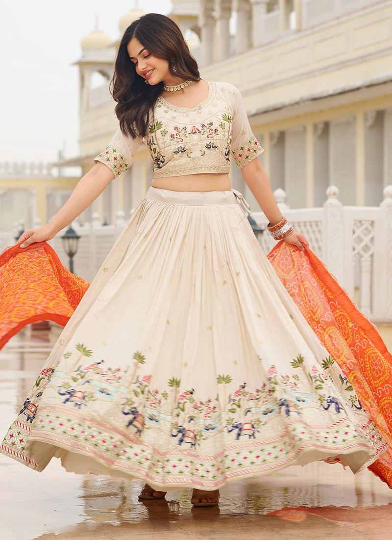 Tissue Silk Off White Festival Wear Embroidery Work Readymade Lehenga Choli