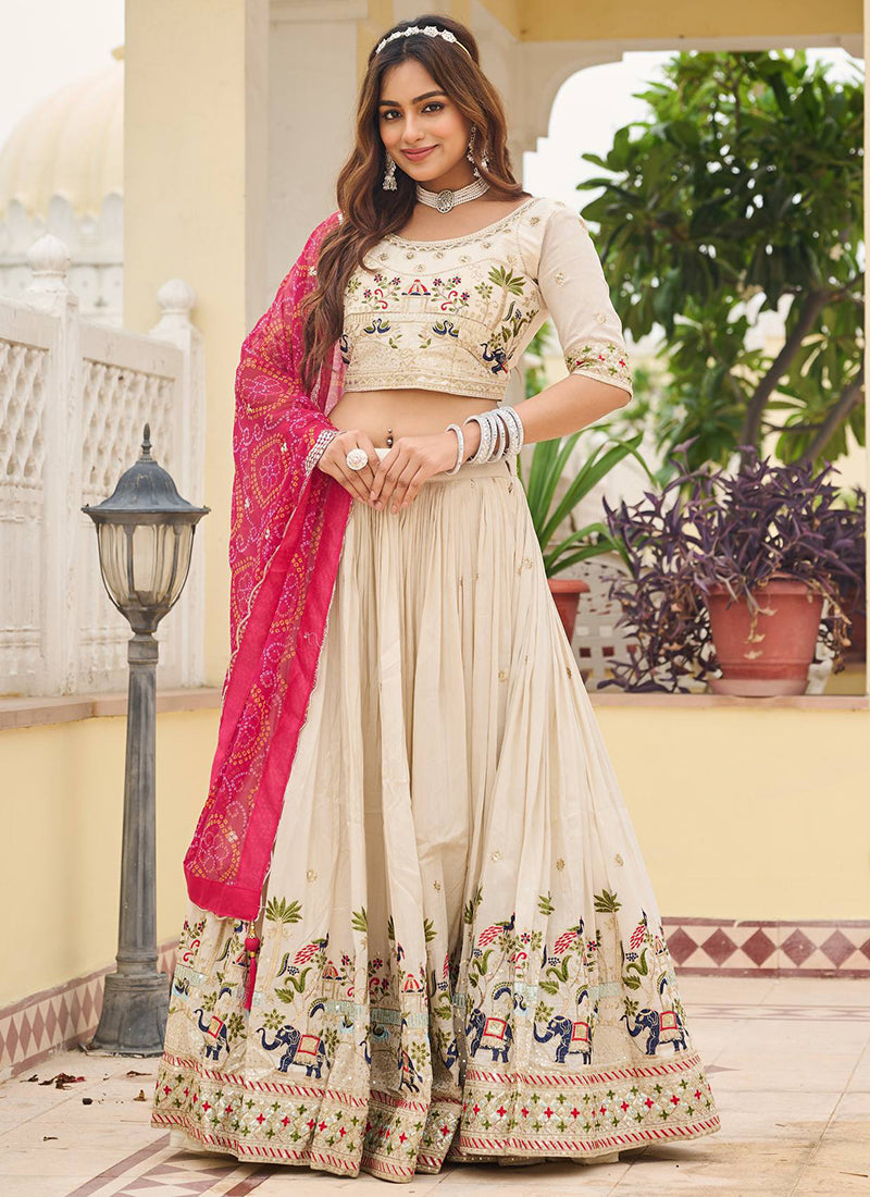 Tissue Silk Off White Festival Wear Embroidery Work Readymade Lehenga Choli