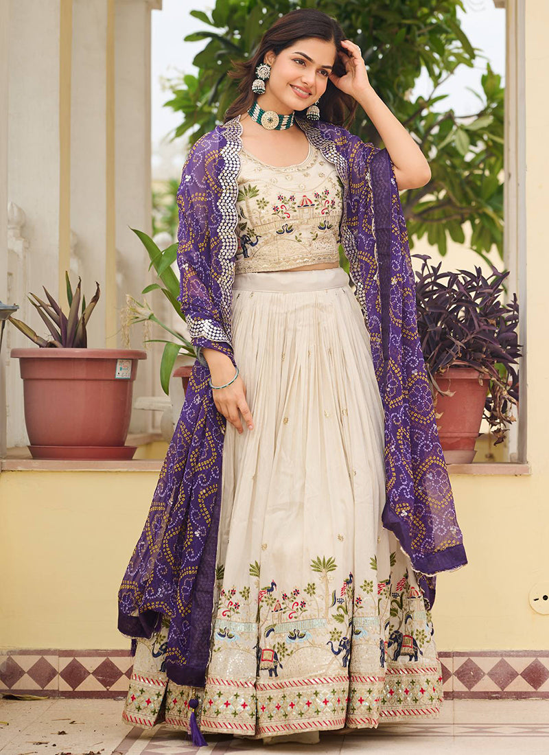 Tissue Silk Off White Festival Wear Embroidery Work Readymade Lehenga Choli