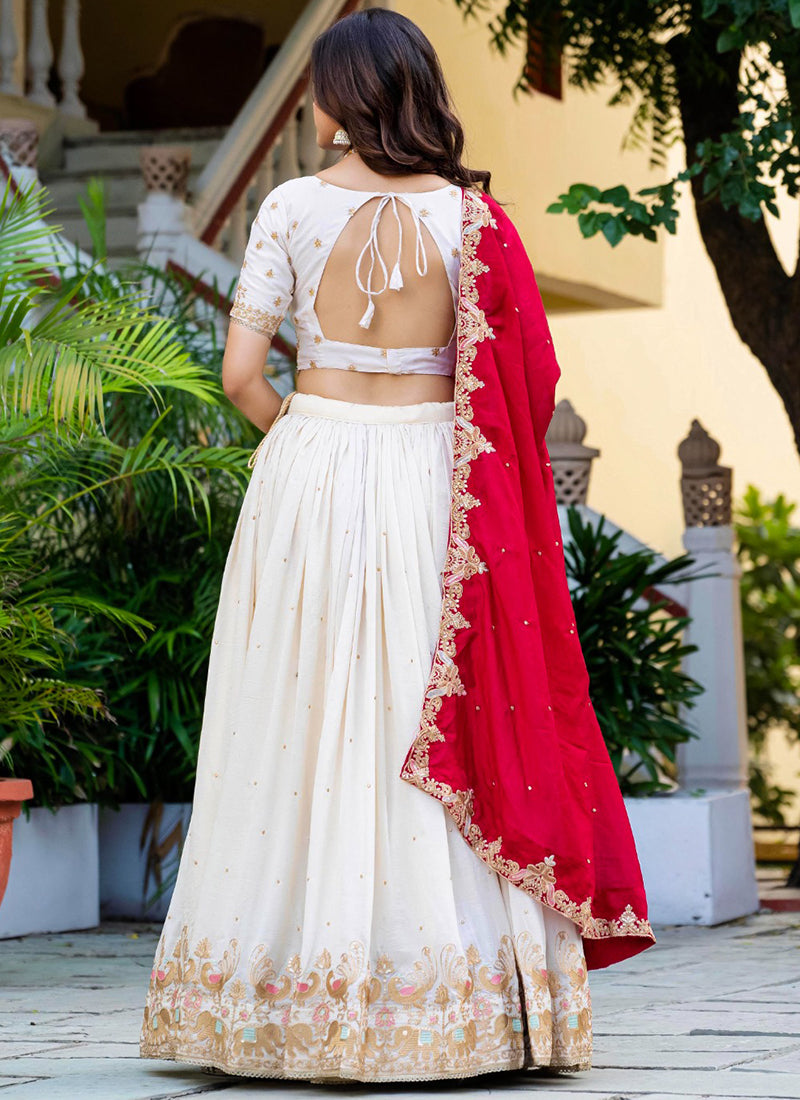 Vichitra Silk Off White Occasional Wear Embroidery Work Lehenga Choli