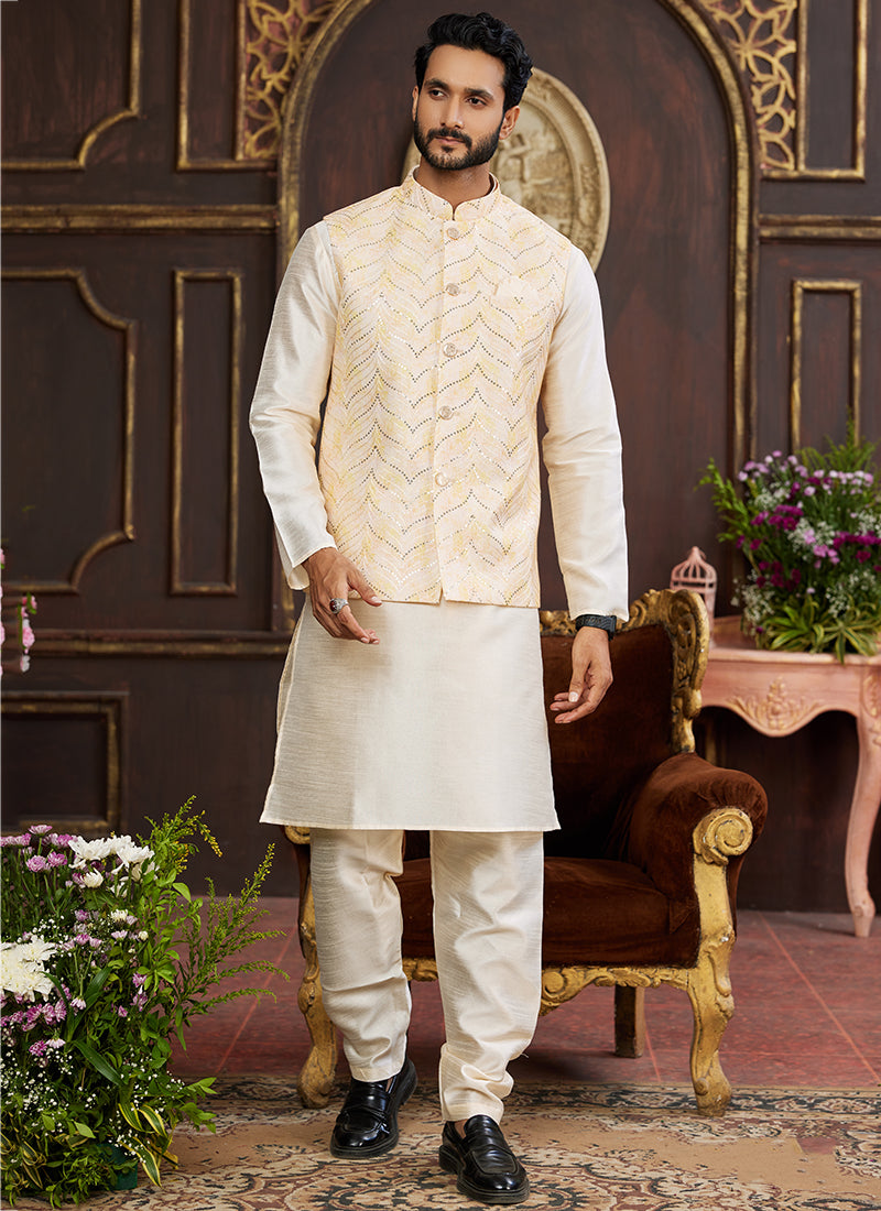 Banarasi Silk Off White Wedding Wear Digital Print Radymade Modi Jacket Kurta Pajama